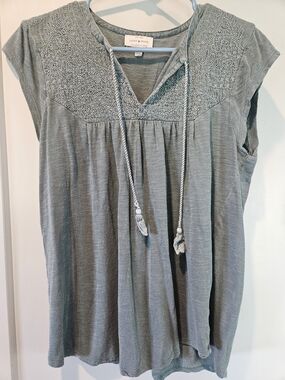Lucky Brand Embroidered Boho Peasant Top Blue Tassel Tie Blouse
